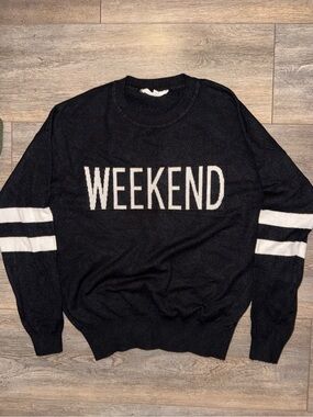 Workshop Republic Clothing Black Crewneck Sweater with White WEEKEND Graphic